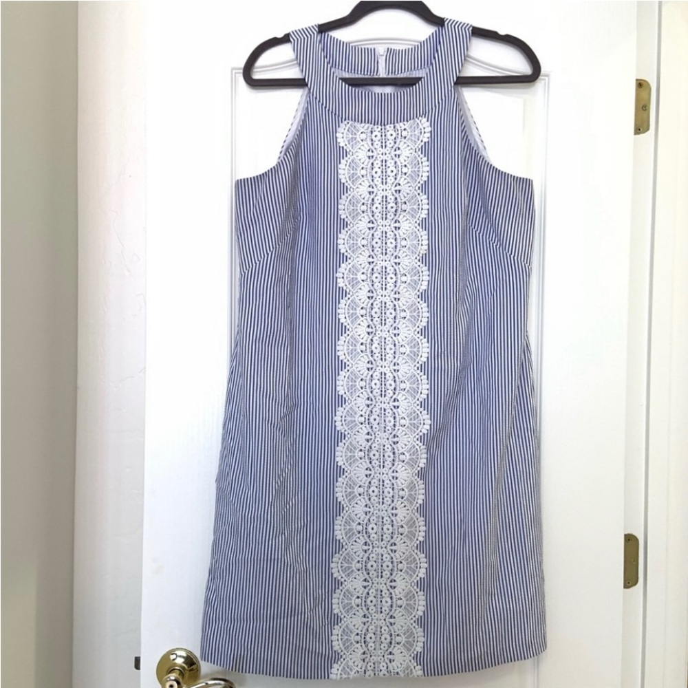 Maggie L. Blue and White Striped Seersucker Crochet Trim Size 14